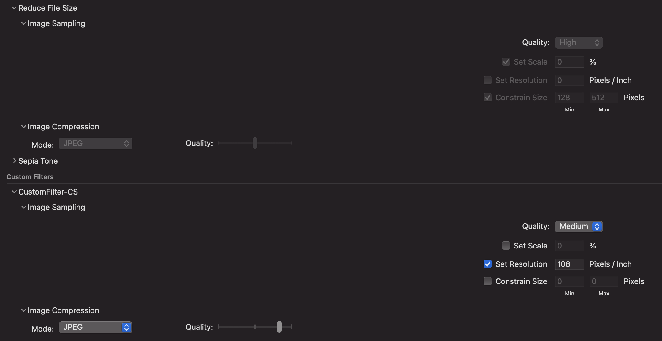 Quartz Filter settings