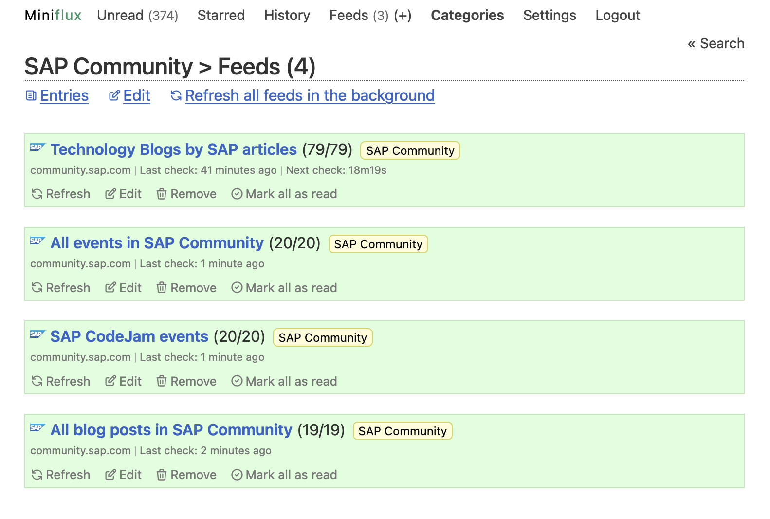 SAP Community RSS feeds in my RSS reader